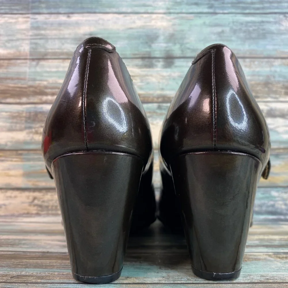 Geox Mary Jane Shoes Womens Size 9M Dark Bronze Patent Leather Wedge Heel